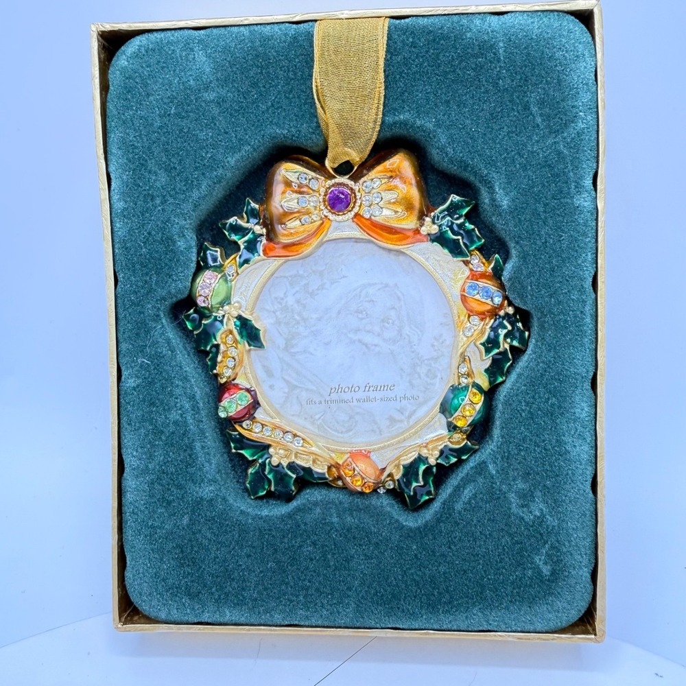Christmas Holiday Wreath Picture Frame‎ Ornament Enameled Jeweled Metal NEW